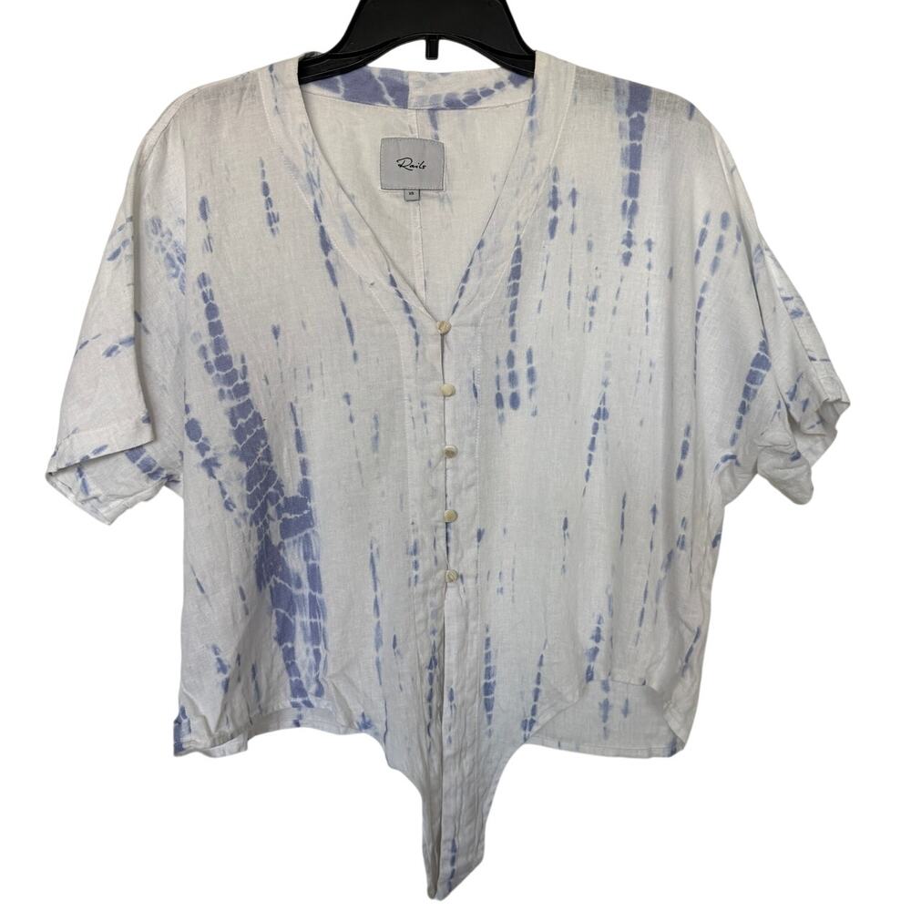 Rails XS White Blue Tie Dye Shibori Button Down Tie Front Top Short Sleeve Shirt